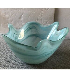 Spanish Blue Art Glass Scalloped Bowl Swirl Decorative 5”